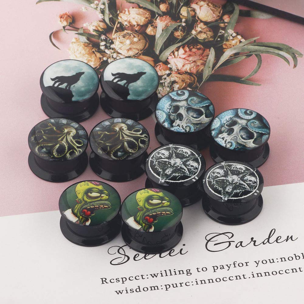 TIANCI FBYJS 5 Pairs Skull Acrylic Ear Gauges Plugs and Tunnels Ear Stretcher Expander Double Flared Screw Plug Piecing (10mm=00g)