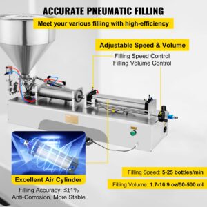 VEVOR Pneumatic Liquid Paste Filling Machine 50-500ML Volume, Horizontal Cream Filling Machine with 30L Hopper, Pneumatic liquid Filling Machine for Water Oil Cream etc.