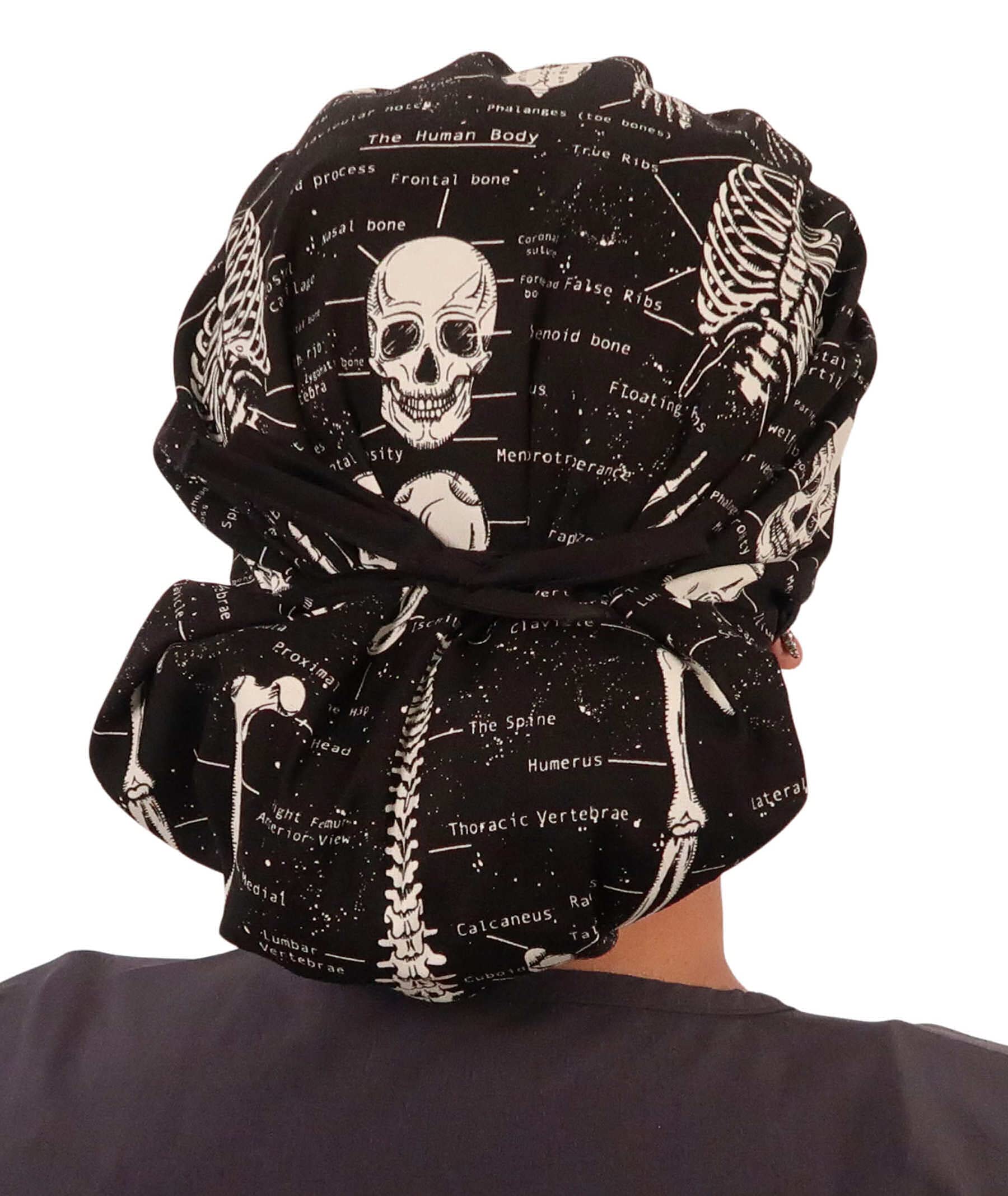 Sparkling EARTH Human Body Skeleton (Glow in The Dark) Banded Bouffant Ponytail Classic Surgical Style Scrub Working Cap - Made in The USA!