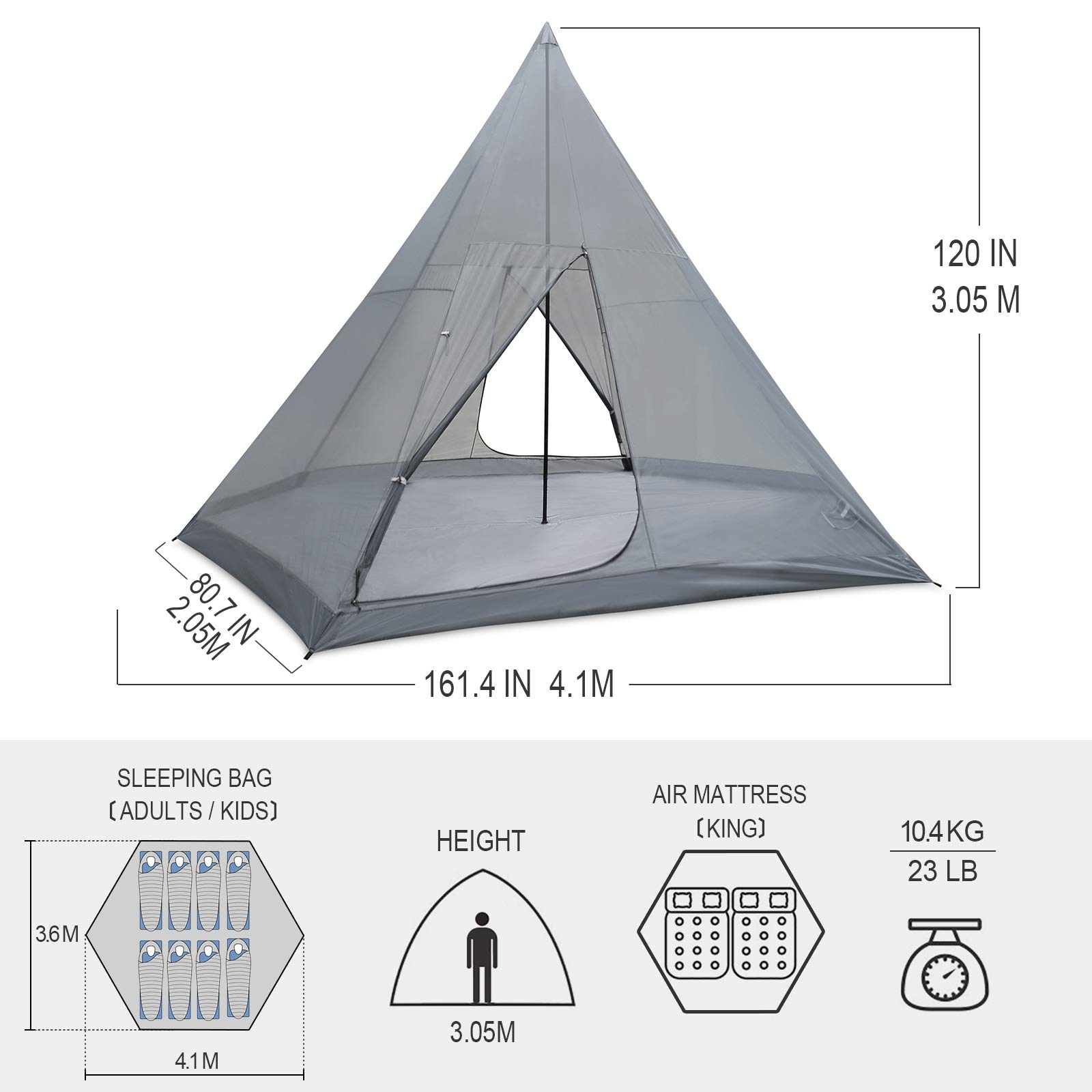 KAZOO Family Camping Tent Large Waterproof Tipi Tents 8 Person Room Teepee Tent Instant Setup Double Layer (Off-White)