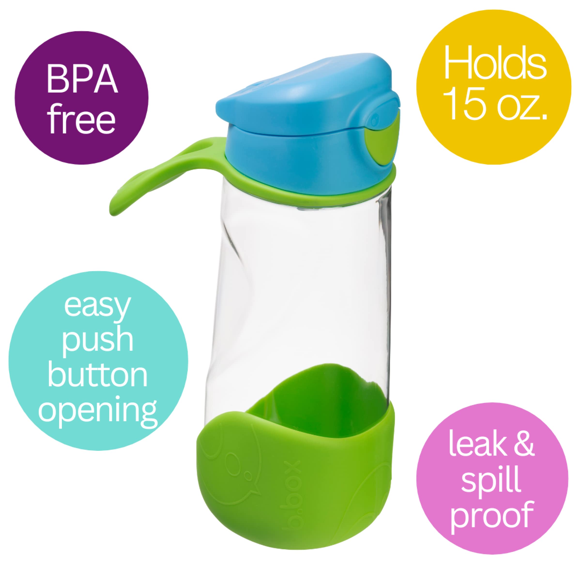 b.box 15oz Sport Spout Bottle: Kids Water Bottle with Durable Tritan. Silicone Spout with Flip Top Lid, Leak Proof, Spill Proof, BPA Free (Ocean Breeze, 15 oz)