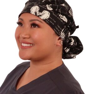 Sparkling EARTH Human Body Skeleton (Glow in The Dark) Banded Bouffant Ponytail Classic Surgical Style Scrub Working Cap - Made in The USA!