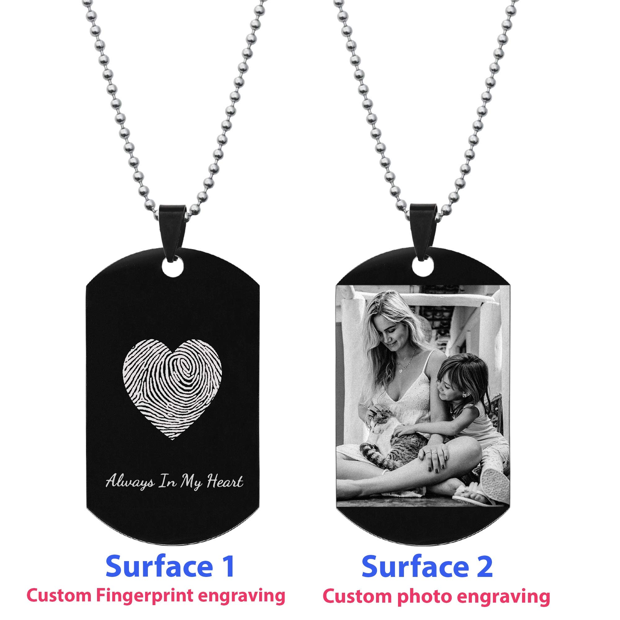 Dreambell Personalized Engraved Custom Heart Fingerprint Photo Picture Dog Tag Pendant Ball Memorial Jewelry N 24" Gift F/Wife Husband Couple Lover Keepsake Black