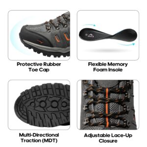 NORTIV 8 Men's Waterproof Hiking Shoes Leather Low-Top Hiking Shoes for Outdoor Trailing Trekking Camping Walking Black/Dark/Grey/Orange Size 12 Quest-1