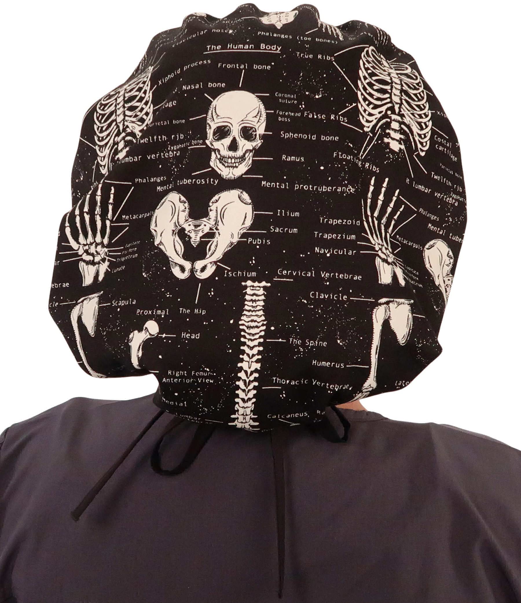 Sparkling EARTH Human Body Skeleton (Glow in The Dark) Banded Bouffant Ponytail Classic Surgical Style Scrub Working Cap - Made in The USA!