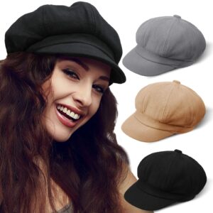 3 Pieces Newsboy Cap Adjustable Visor Beret Soft 8 Panel Vintage Cabbie Hat Octagonal Cap (Light Grey, Camel, Black)