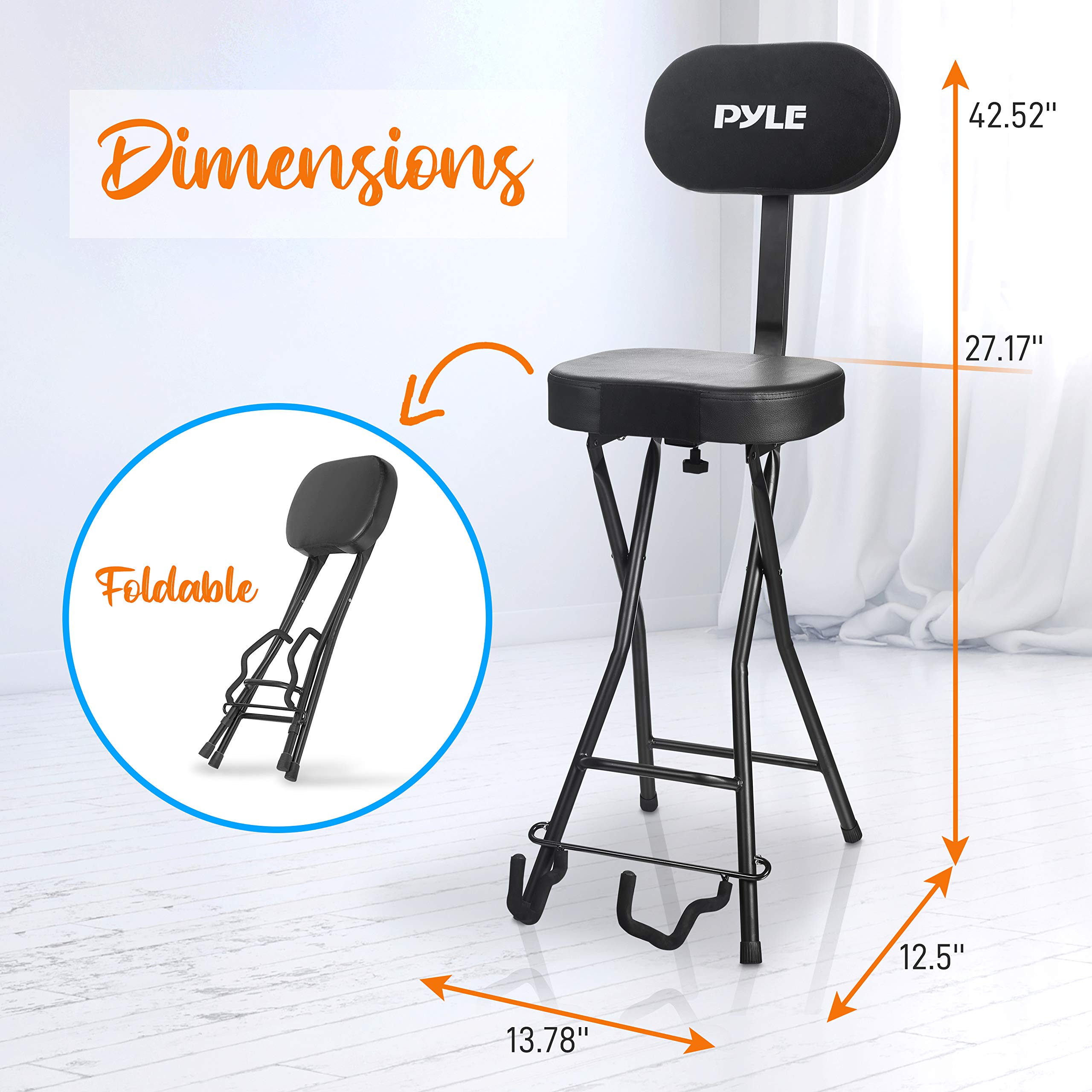 Pyle Seat with Padded Cushion-Heavy-Duty Ergonomic Backrest w/Fold Stand, Foot Rest, Collapsible Design, Holds Acoustic, Electric & Bass Guitars, 300 Lbs Max Load Capacity PYG60