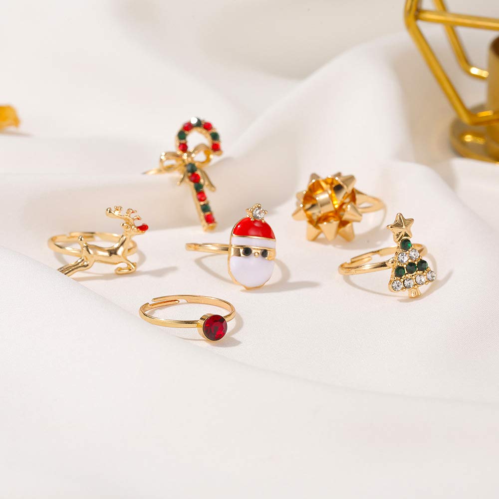 RUIZHEN 6 PCS Adjustable Christmas Ring for Women Christmas Tree Gift Bow Santa Claus Cane Deer Charm Ring Jewelry Set (6 PCS)