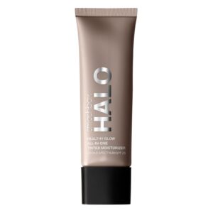 smashbox halo healthy glow all-in-one tinted moisturizer spf 25 with hyaluronic acid, light to medium coverage, dewy finish, oil-free, sweat and humidity resistant, 1.4 fl. oz., light medium