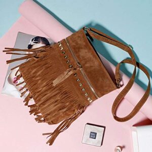 Goclothod Fringe Tassel Crossbody Bag Faux Suede Hobo Shoulder Bag Rivet Tote Purse