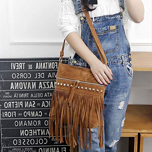 Goclothod Fringe Tassel Crossbody Bag Faux Suede Hobo Shoulder Bag Rivet Tote Purse