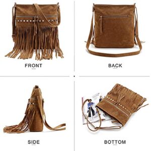 Goclothod Fringe Tassel Crossbody Bag Faux Suede Hobo Shoulder Bag Rivet Tote Purse