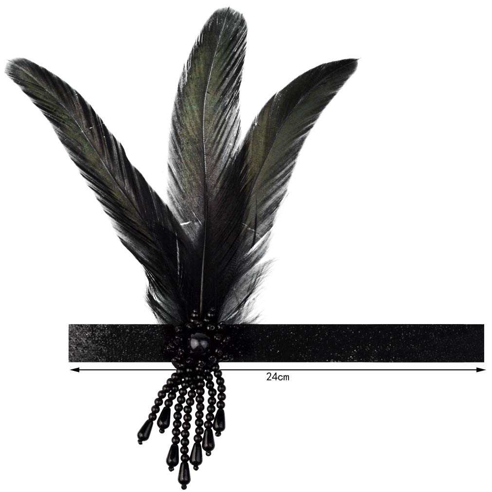 1 Pcs 1920s Flapper Headpiece Black Feather Headband Roaring 20s Gatsby Hair Accessories (Black)