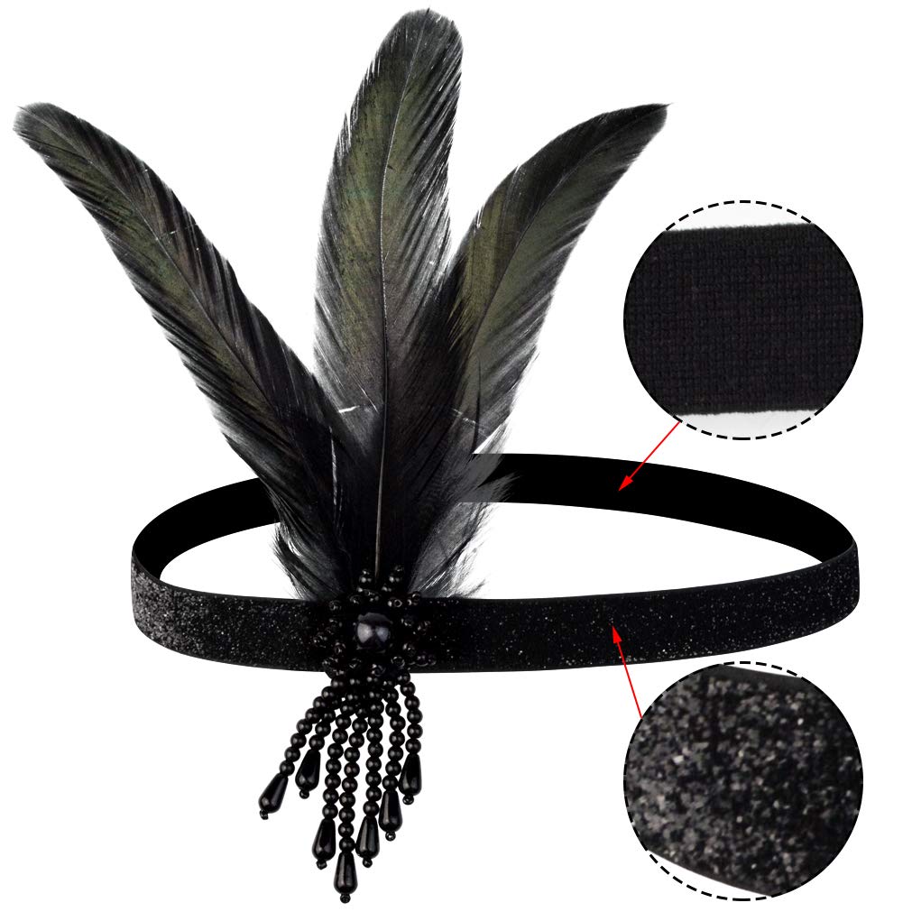 1 Pcs 1920s Flapper Headpiece Black Feather Headband Roaring 20s Gatsby Hair Accessories (Black)