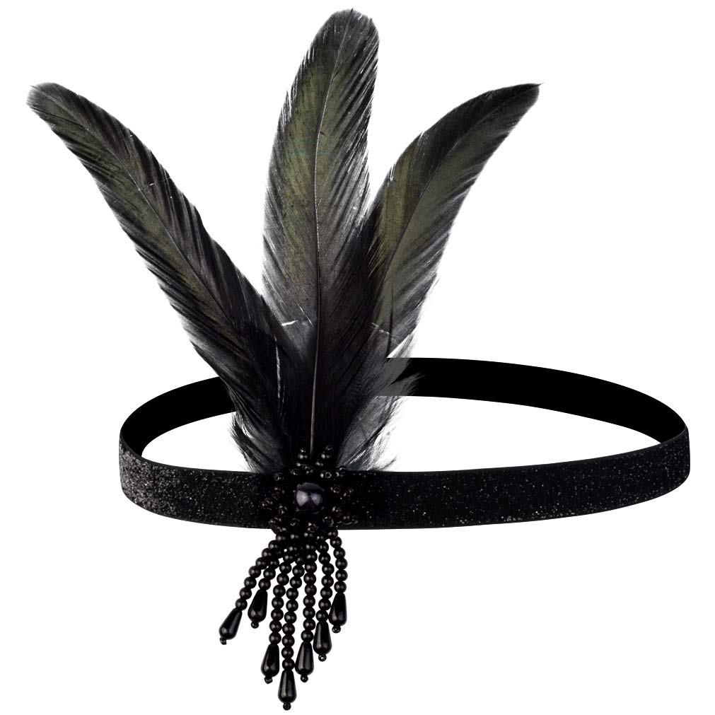 1 Pcs 1920s Flapper Headpiece Black Feather Headband Roaring 20s Gatsby Hair Accessories (Black)