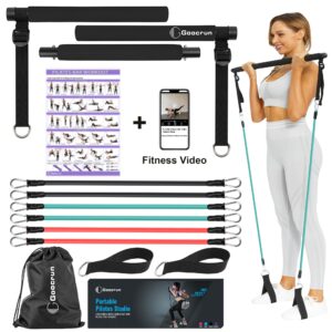 goocrun portable pilates bar kit with resistance bands for men and women - 3 set exercise bands (15, 20, 30 lb) - home gym, workout kit for body toning – with fitness poster and video