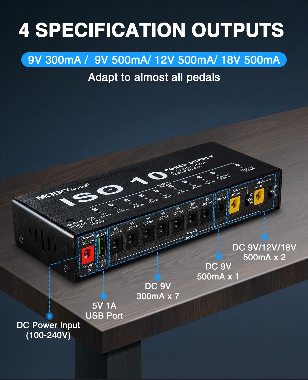 Mosky Guitar Pedal Power Supply 10 Isolated DC Output, 9V 12V 18V 300mA 500mA Effect Pedal Boards Power Supply with USB Port, Short Circuit Overcurrent Protection