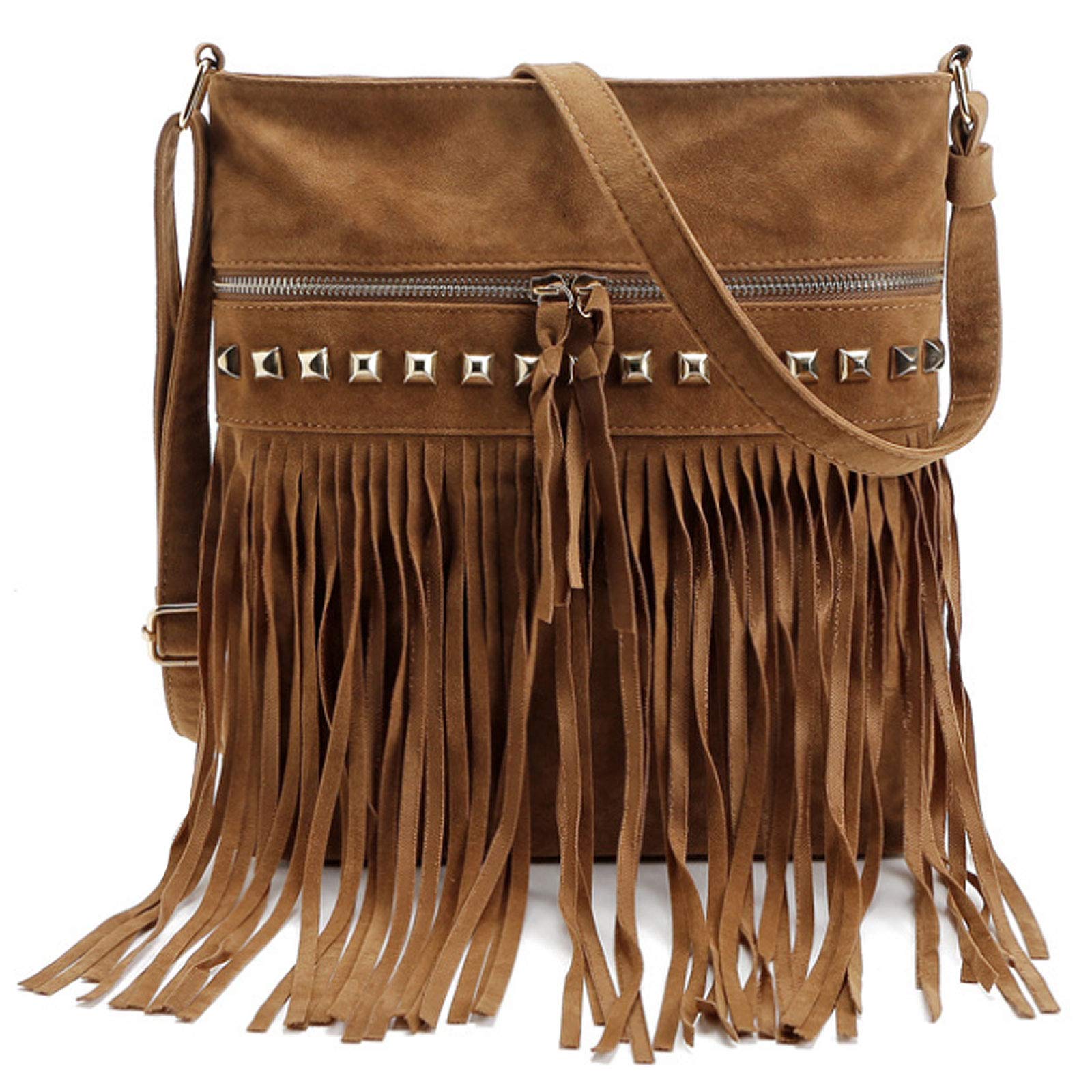 Goclothod Fringe Tassel Crossbody Bag Faux Suede Hobo Shoulder Bag Rivet Tote Purse