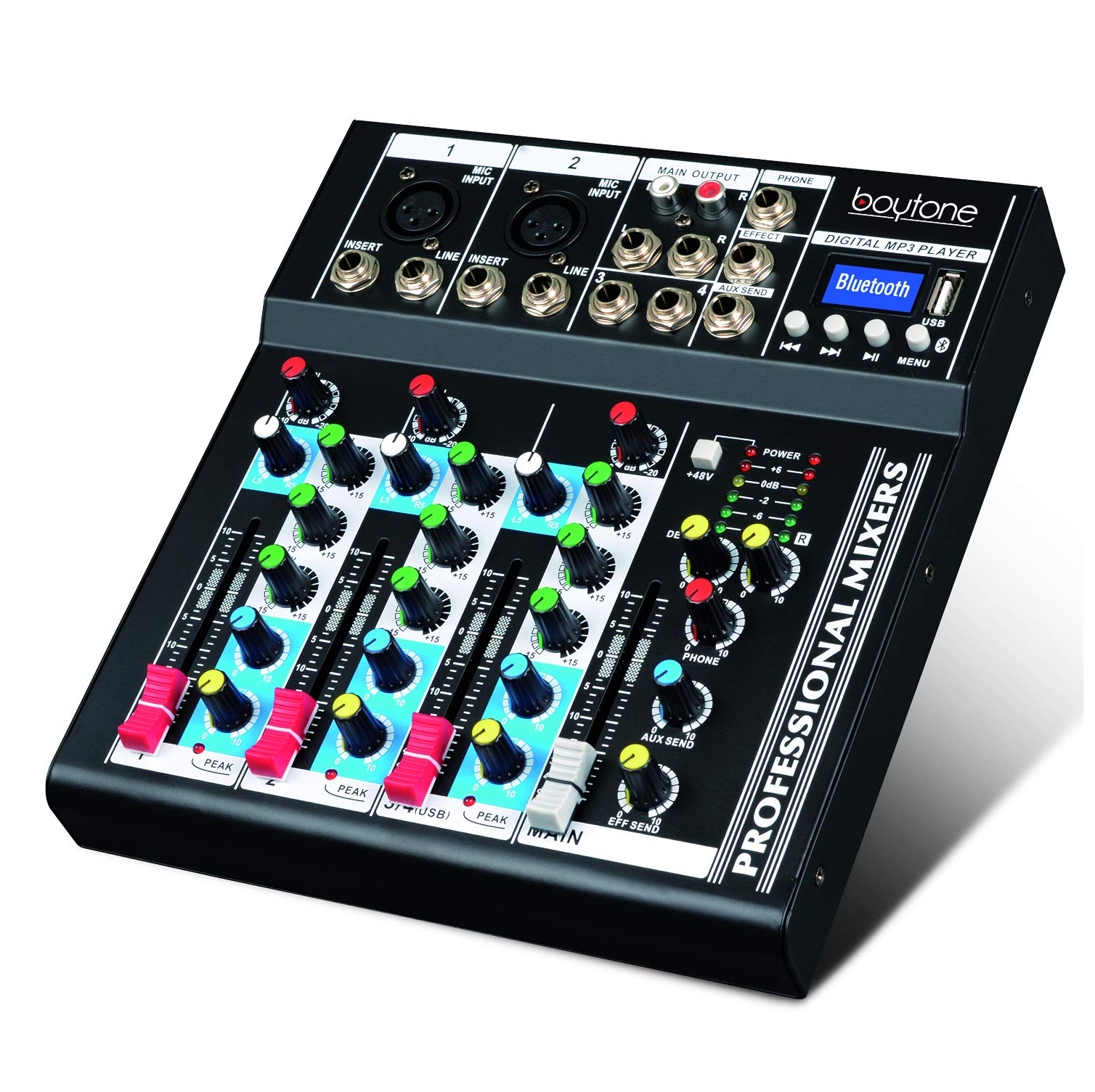 Boytone BT-34MX Professional Audio Mixer Sound Board Console System Interface 4 Channel Digital USB Bluetooth Digital MP3 Computer Input 48V Phantom Power Stereo DJ Studio Streaming FX processor