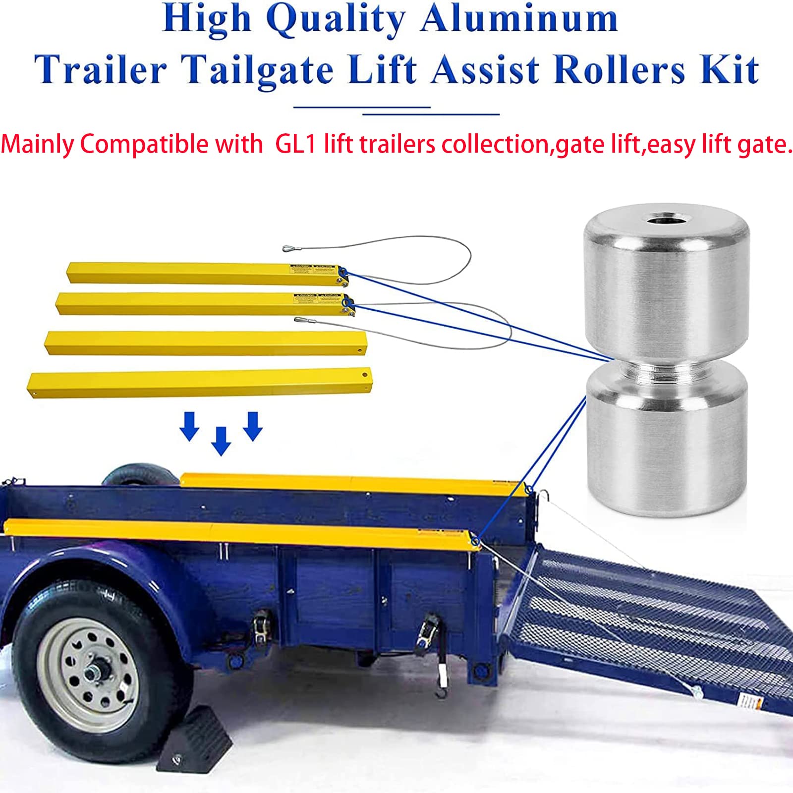 4 Pack Aluminum Alloy Rollers Pins Washers Rings GL1 GMNR925 Compatible with Trailer Tailgate Lift Assist Rollers Kit Replacement Parts fit for Trailer Tailgate, Easy Lift Gate etc Lift Assist