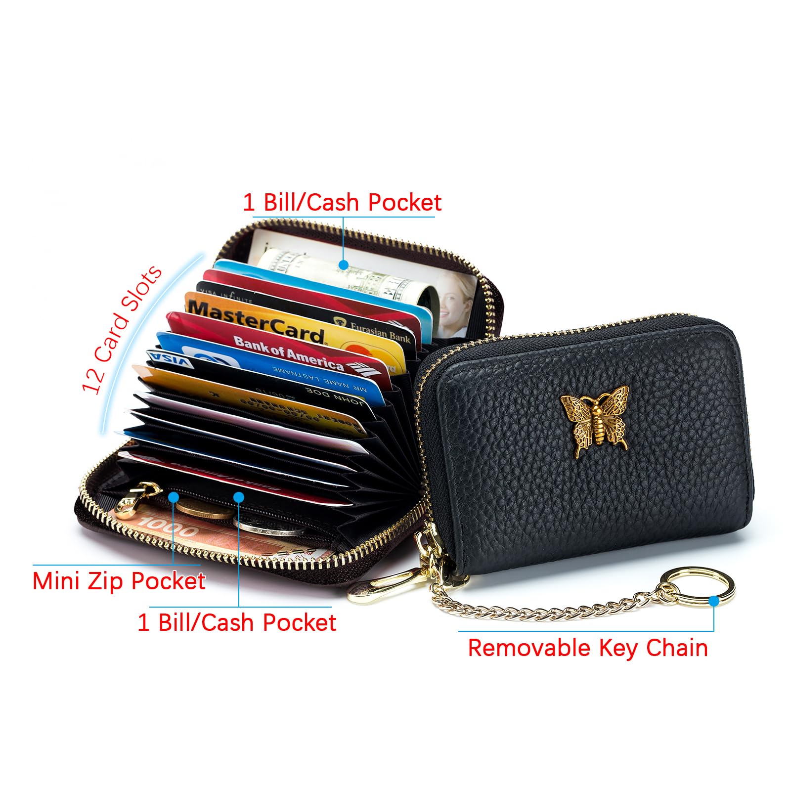 imeetu RFID Credit Card Holder for Women Small Leather Zipper Card Case Wallet with Removable Keychain (Black)