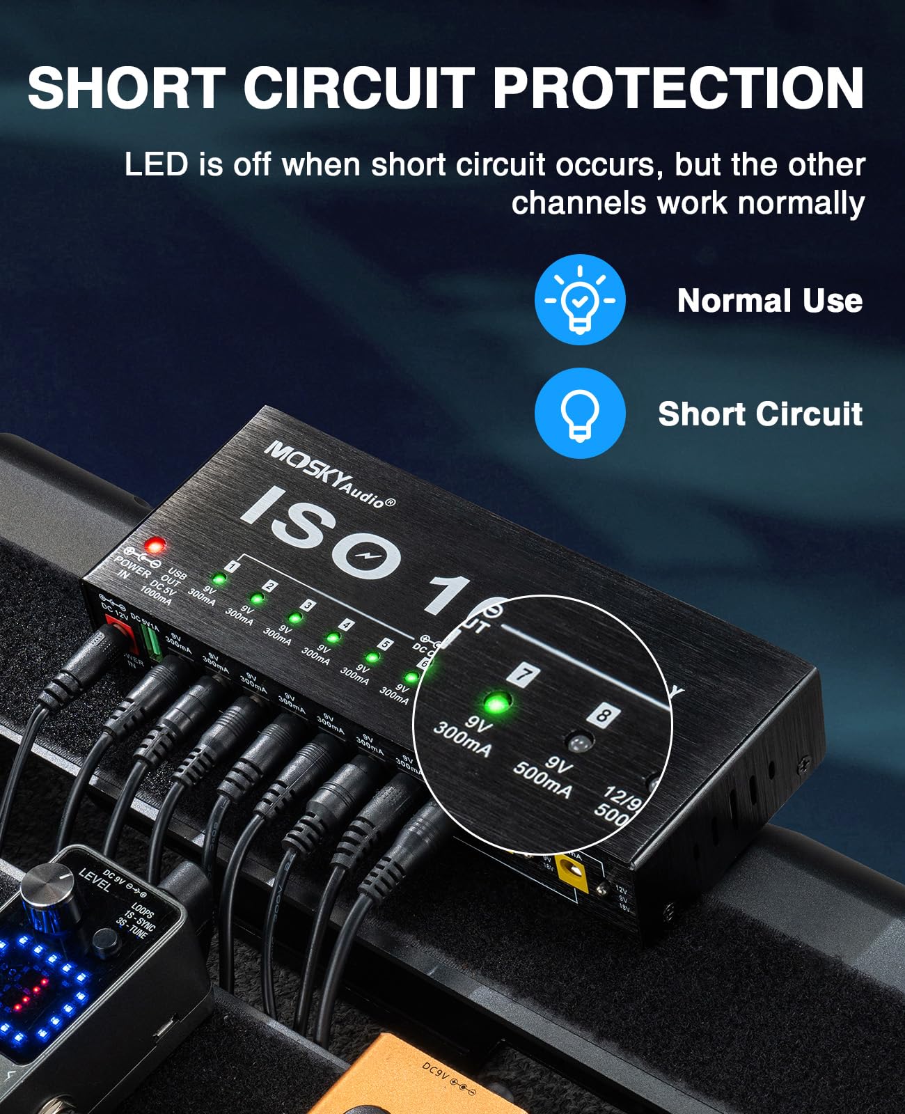 Mosky Guitar Pedal Power Supply 10 Isolated DC Output, 9V 12V 18V 300mA 500mA Effect Pedal Boards Power Supply with USB Port, Short Circuit Overcurrent Protection