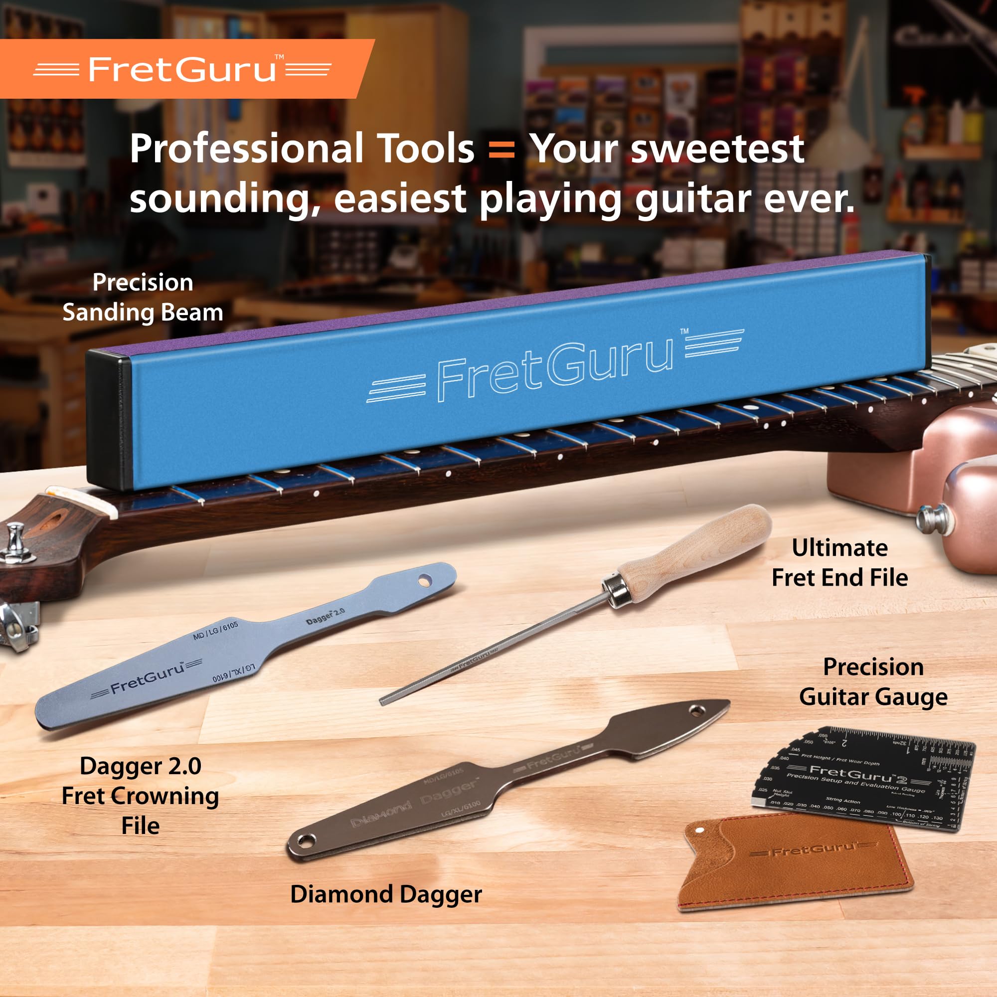 FretGuru Guitar Fret Crowning File - Dual Sided Dagger 2.0 - MD and LG/XL - Ideal for Frets between .080" to .110" wide - Professional Luthier Tool for Electric, Acoustic and Bass Guitars