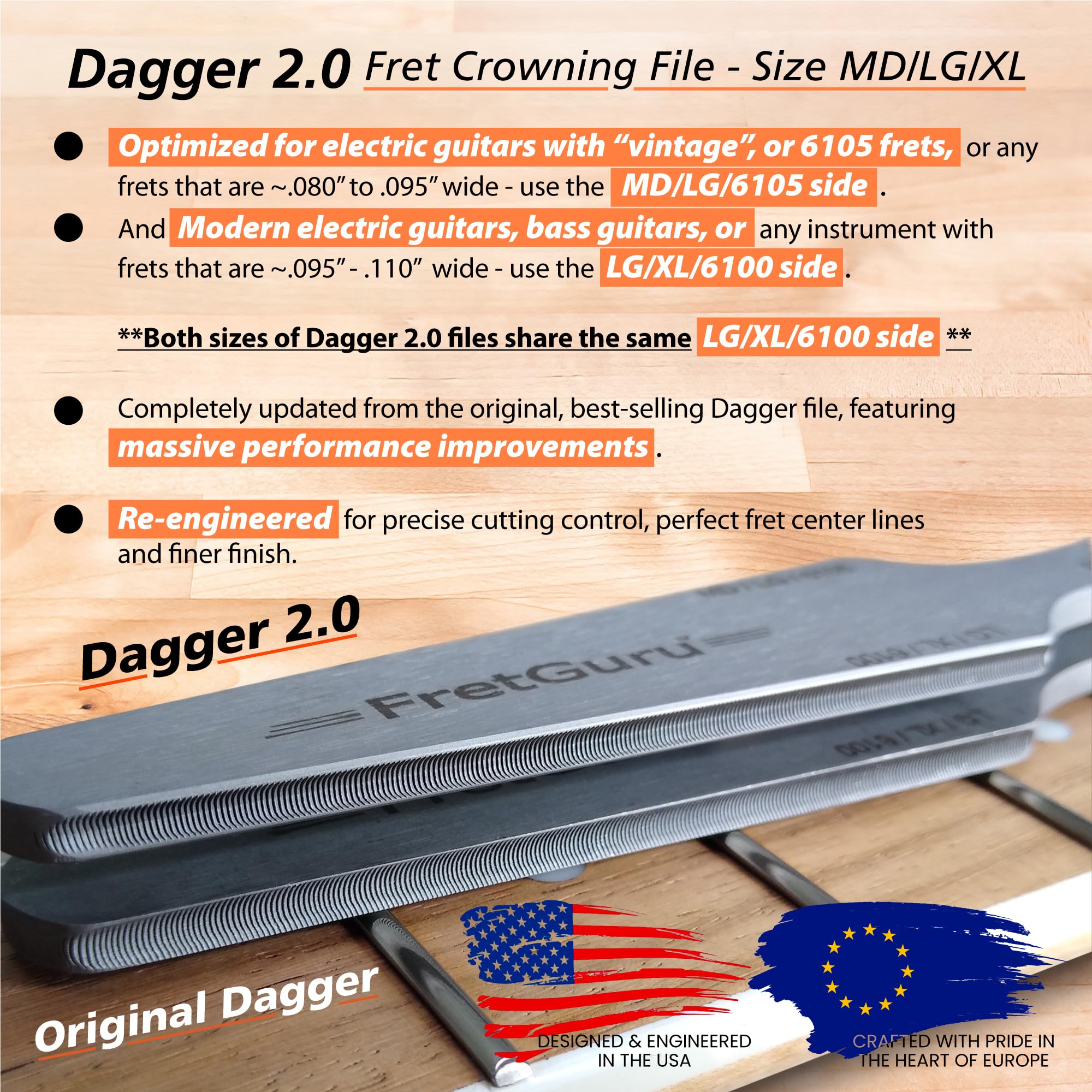 FretGuru Guitar Fret Crowning File - Dual Sided Dagger 2.0 - MD and LG/XL - Ideal for Frets between .080" to .110" wide - Professional Luthier Tool for Electric, Acoustic and Bass Guitars