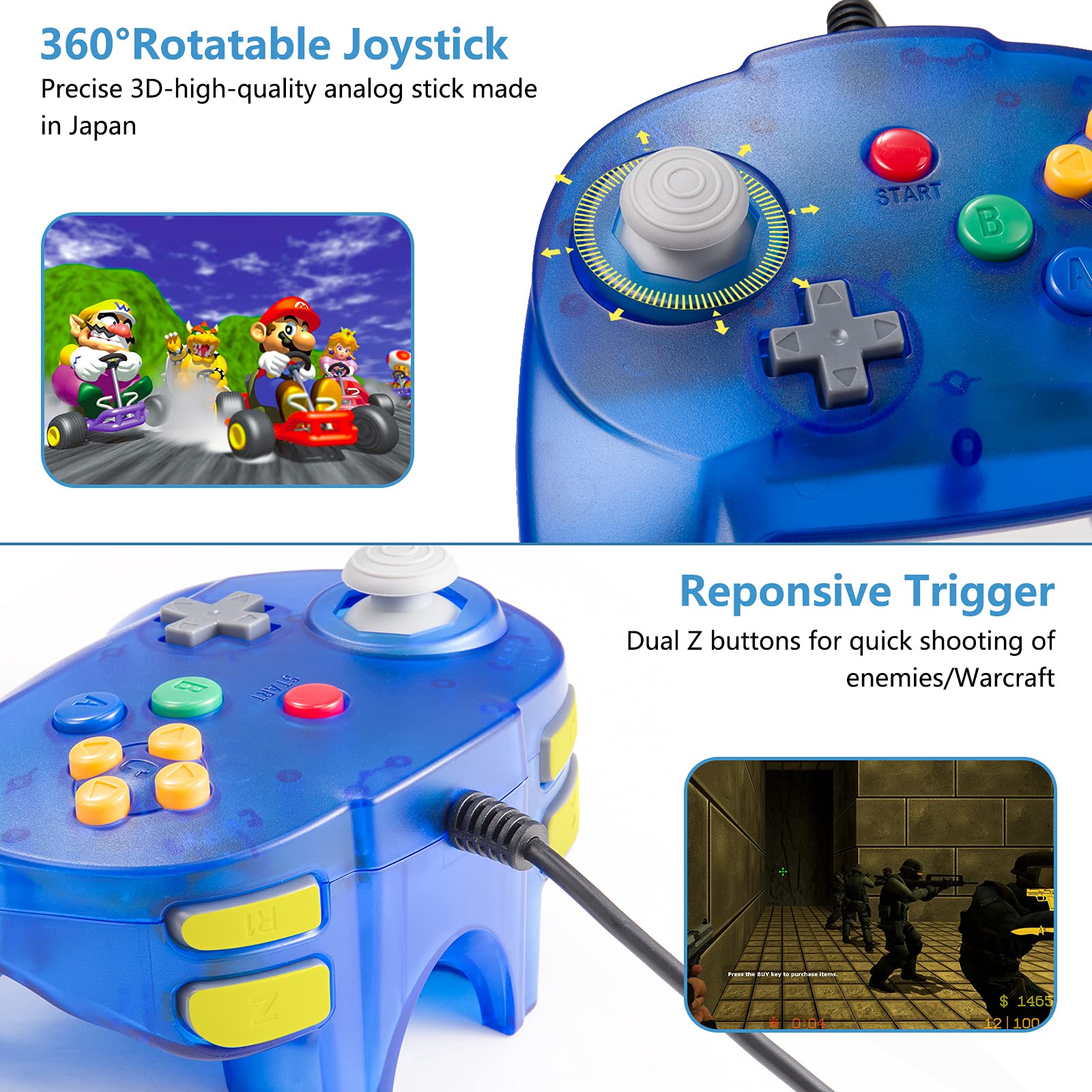 KIWITATA 2 Pack Mini N64 USB Controller, Retro N64 Wired 64-bit Upgraded Joystick Remote Game Controller for Windows PC/Mac Raspberry Pi 3 (Ice Blue&Green)