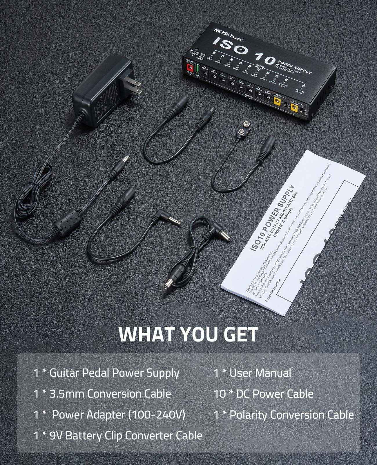 Mosky Guitar Pedal Power Supply 10 Isolated DC Output, 9V 12V 18V 300mA 500mA Effect Pedal Boards Power Supply with USB Port, Short Circuit Overcurrent Protection