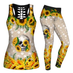 drzheam women skull printed 2 piece sweatsuit outfits yoga hollow out tank tops leggings activewear (yellow, xl)