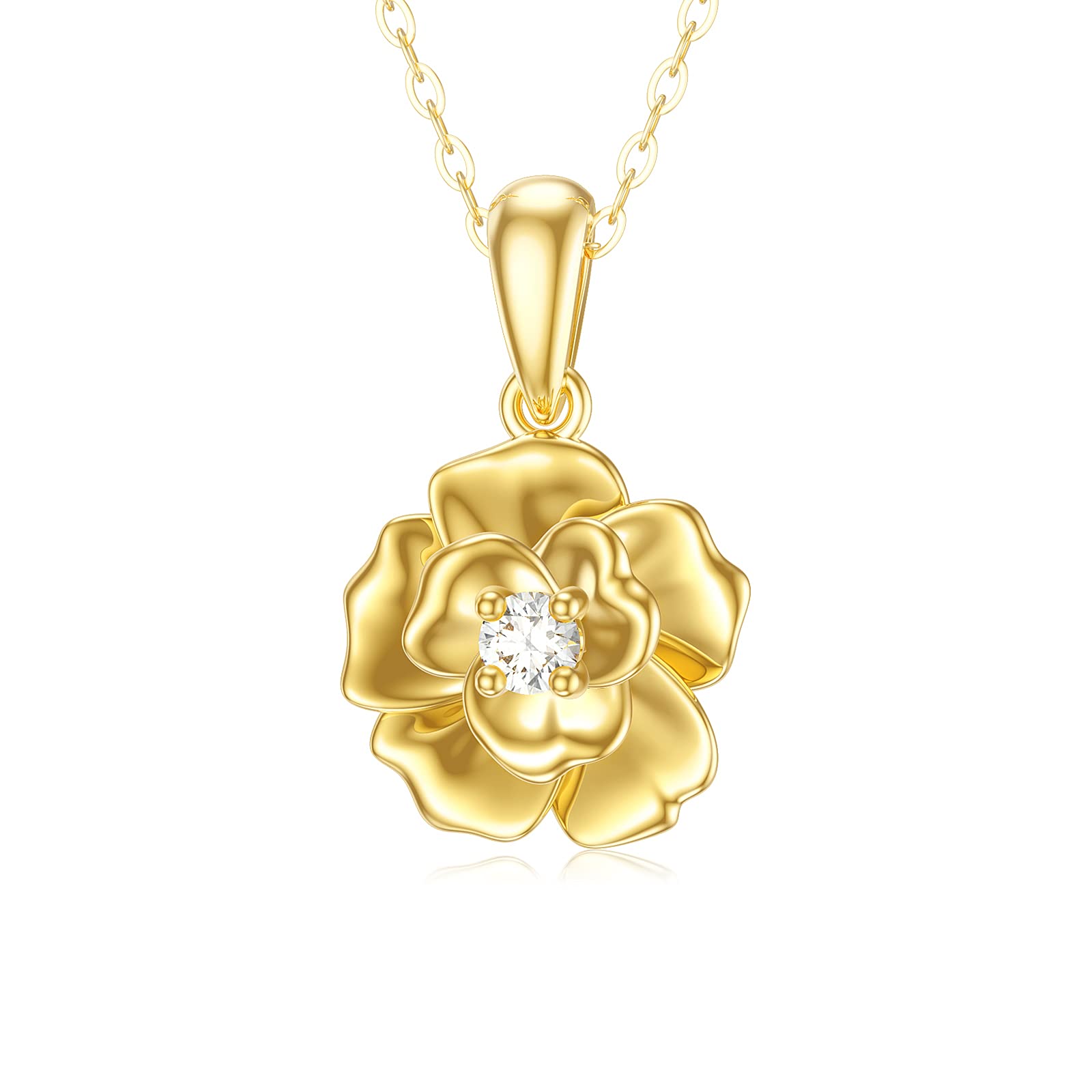 14k Gold Flower Pendant Necklace for Women, Rose Flower Christmas Jewelry Gift for Mother Wife Girlfriend, 18 Inch Chain (14K Yellow Gold)