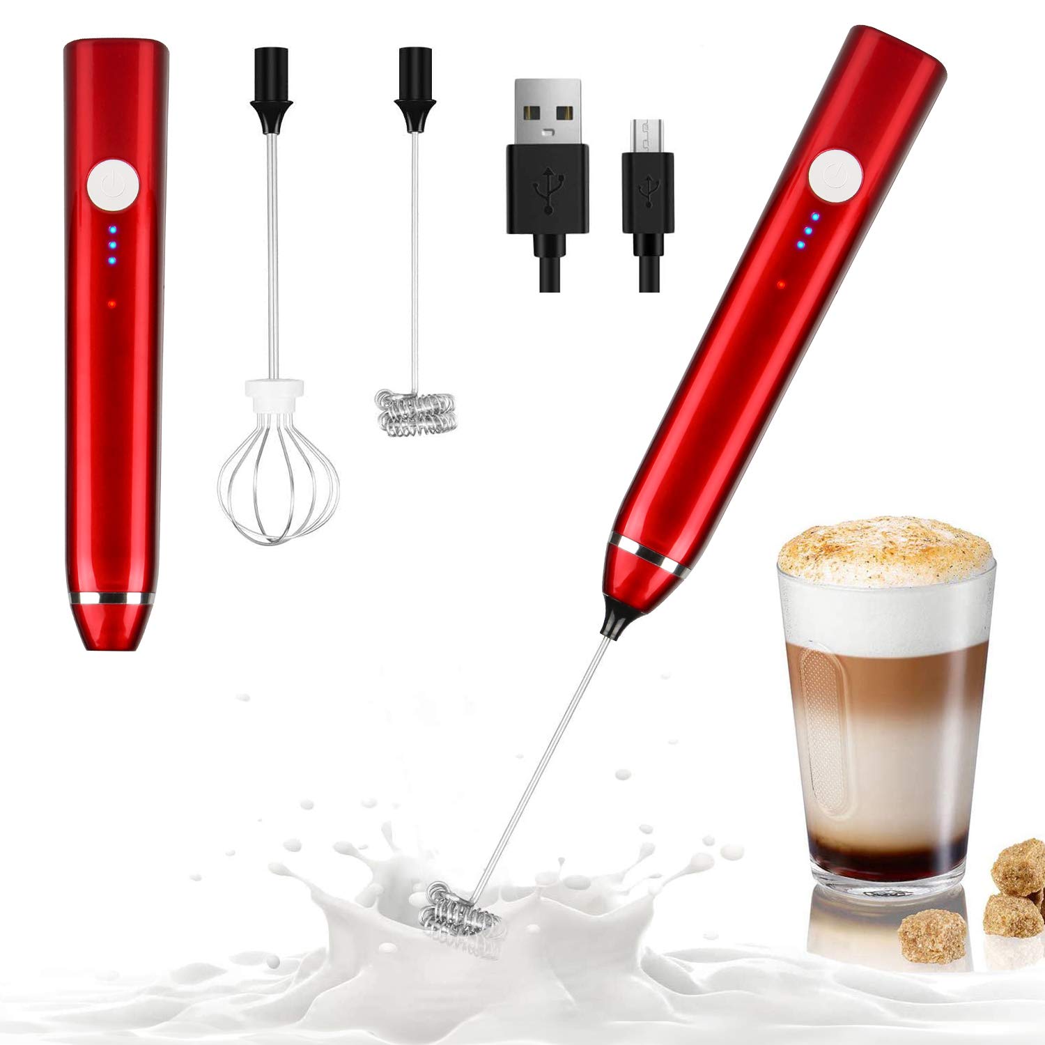 Milk Frother Handheld, Dallfoll USB Rechargeable Electric Foam Maker for Coffee, 3 Speeds Mini Milk Foamer Drink Mixer with 2 Whisks for Bulletproof Coffee Keto Frappe Latte Cappuccino (Red)