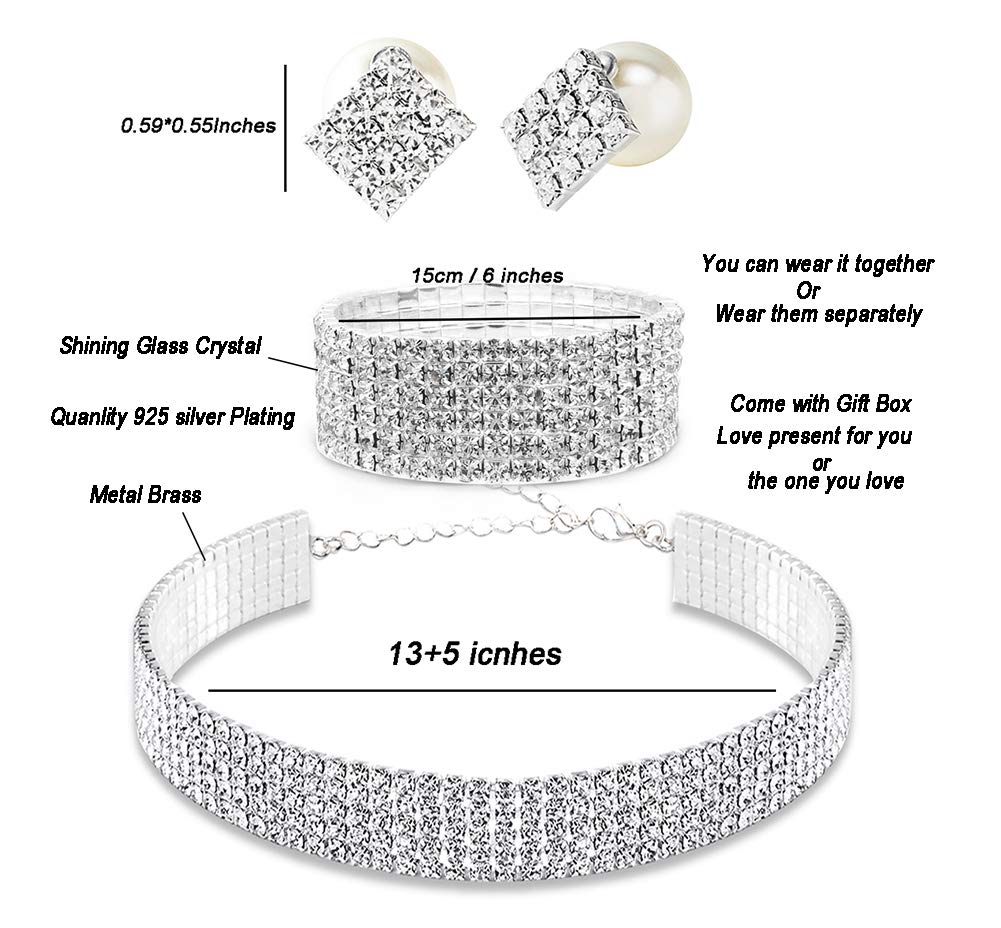 Yamberdoly Rhinestone Choker Necklaces for Women Silver Diamond Choker Necklace Set Sexy Rhinestone Wedding Choker 5 Rows