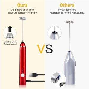 Milk Frother Handheld, Dallfoll USB Rechargeable Electric Foam Maker for Coffee, 3 Speeds Mini Milk Foamer Drink Mixer with 2 Whisks for Bulletproof Coffee Keto Frappe Latte Cappuccino (Red)