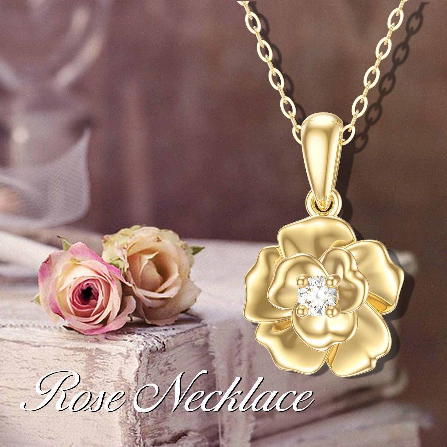 14k Gold Flower Pendant Necklace for Women, Rose Flower Christmas Jewelry Gift for Mother Wife Girlfriend, 18 Inch Chain (14K Yellow Gold)