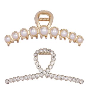 Rhinestone Hair Claw Clips, 4.4 Inch Vintage Metal Imitation Pearl Hair Jaw Clip for Women, Non Slip Hair Clamp Fashion Wedding Party Accessories Elegant Hair Decorations