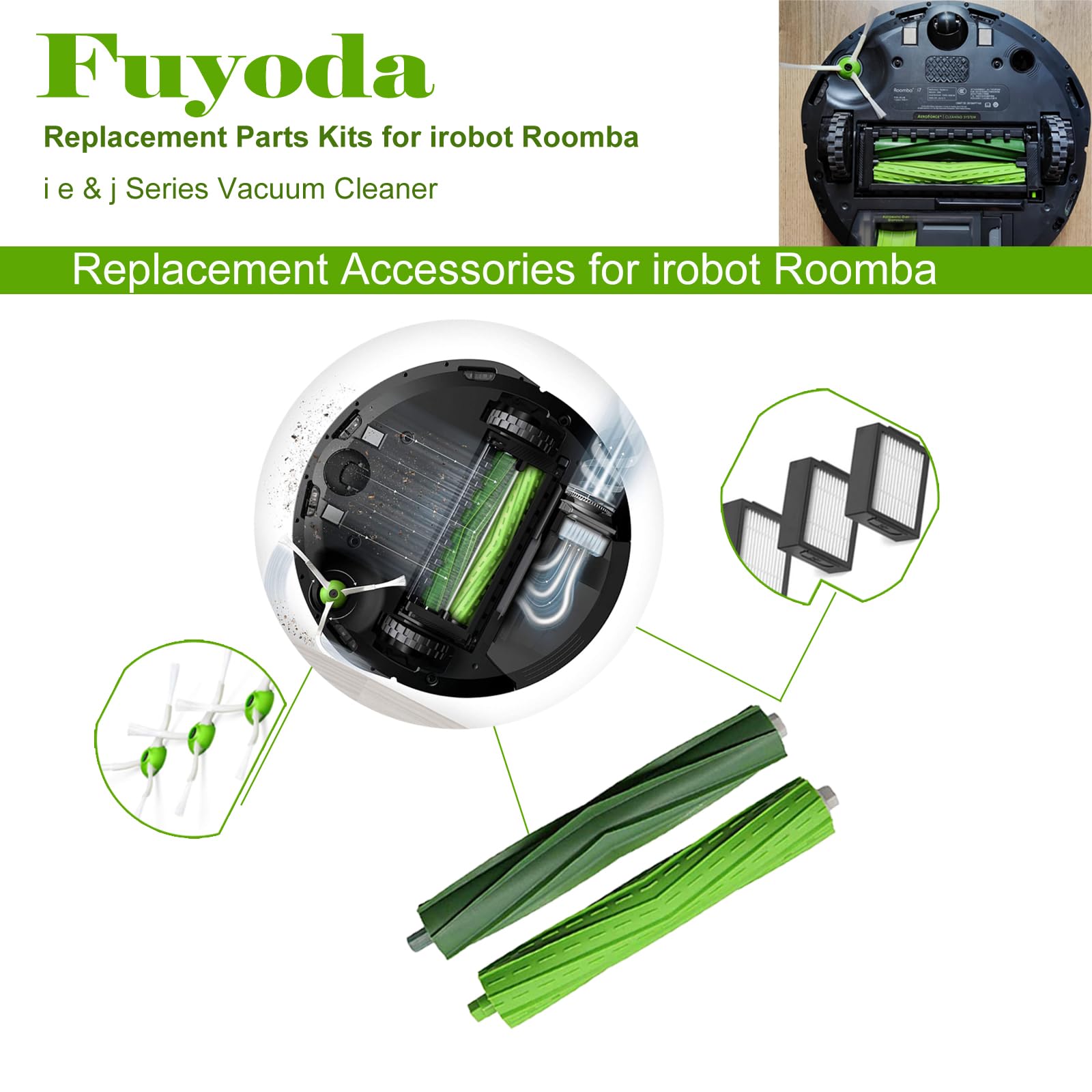 Replacement Parts accessories for iRobot Roomba e5 e6 i1 i2 i3 i3+ i4 i5 i6 i6+ i7 i7+ i8 i8+ j5 j6 j7 j8,for Roomba i e&j Series Vacuum Cleaner(2 Set Roller Brushes,10 HEPA Filters,10 Side Brushes)