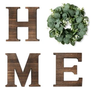 yoleshy wooden home sign with artificial eucalyptus wreath for o, 9.8'' home letters with wreath for wall hanging decor, rustic wall letters decor for living room, entry way, kitchen, etc (brown)