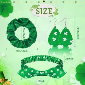 Syhood 5 Pairs St. Patrick's Day Faux Leather Earrings Teardrop Dangle Earrings and 5 Pieces Irish Green Hair Scrunchies and 5 Pieces St. Patrick's Day Wire Headbands Headwrap for Women and Girls