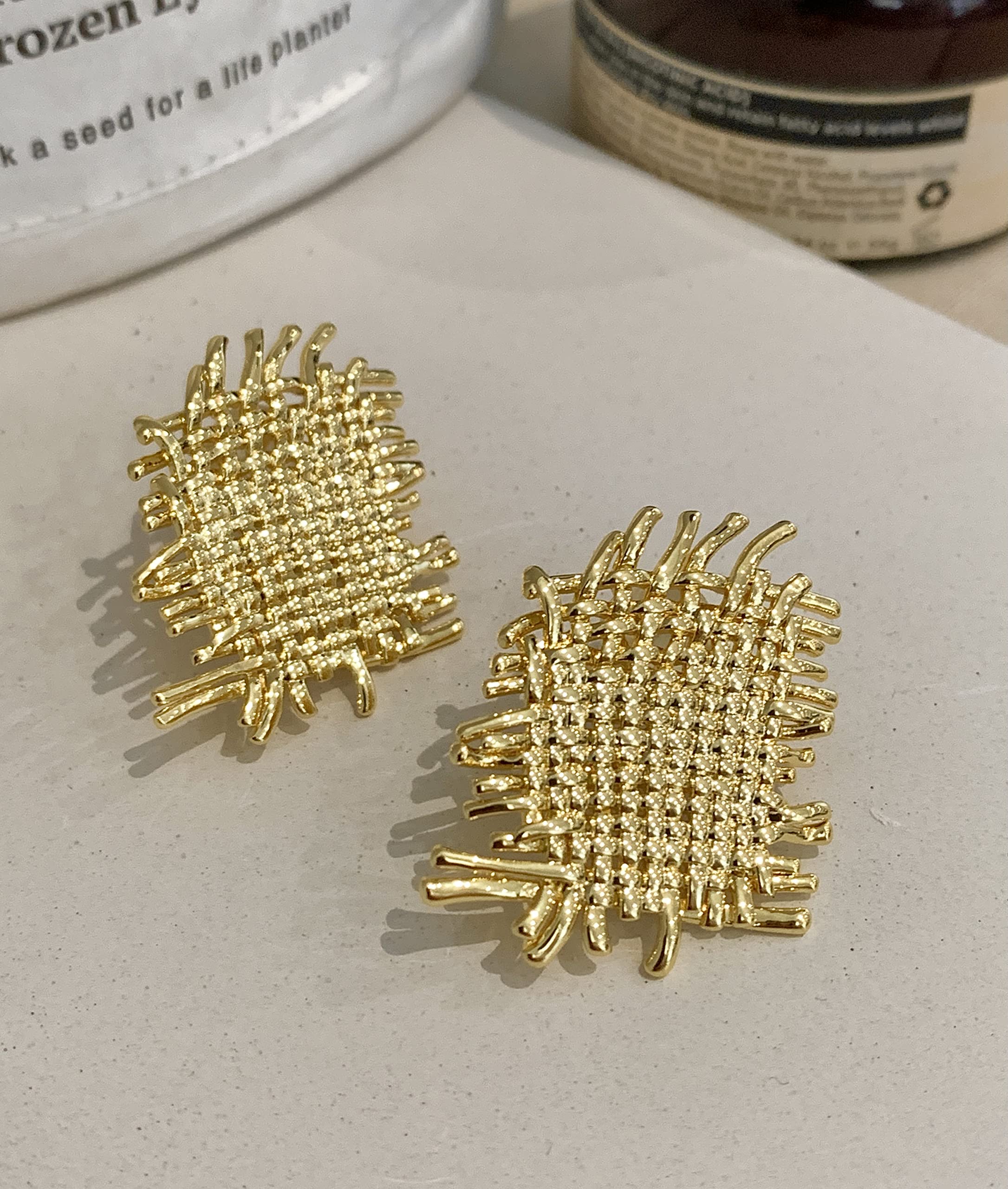 LecAit Statement Earrings for Women S925 Sterling Silver Dainty 14k Gold Stud Earrings Hypoallergenic Handmade Woven Metal Women's Ear Studs