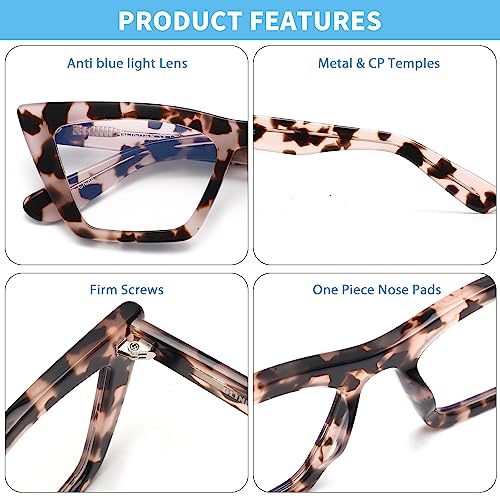 GLINDAR Cat Eye Blue Light Blocking Glasses Vintage Narrow Square Computer Eyeglasses Acetate Frame Tortoise