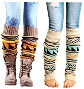 vigvog women boho knitted boot gaiters long leg warmer (beige&khaki)