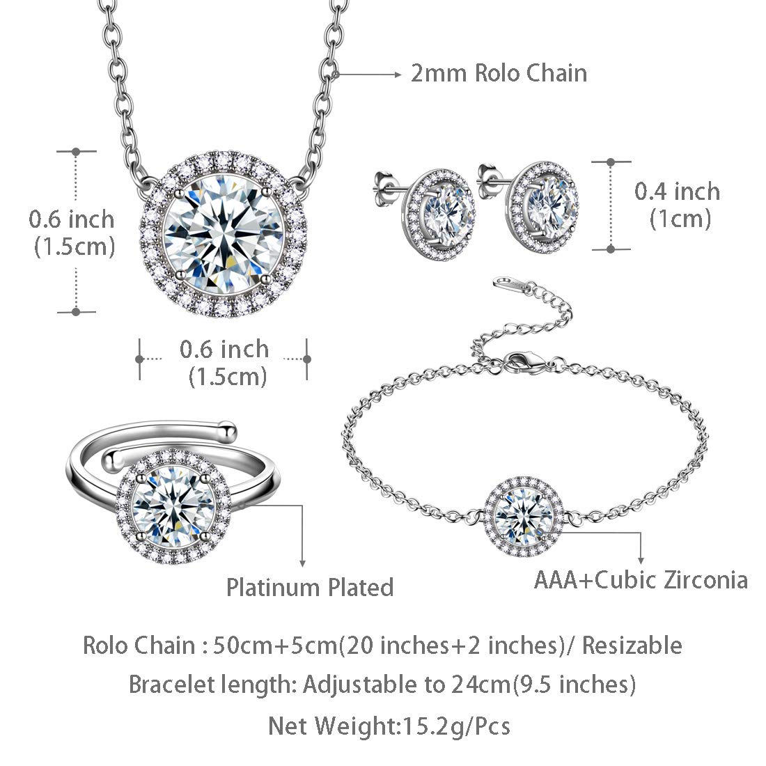 beautlace April Birthstone Necklaces/Stud Earrings/Rings/Bracelets Set Silver Plated Round Shape Jewelry Sets White Birthstone Jewelry Birthday Gifts for Men and Women KS0019W