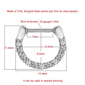 FANSING Surgical Steel Cubic Zirconia Set Septum Clicker Silver Septum Piercing Rings 16g Septum Jewelry Septum Ring Hoop