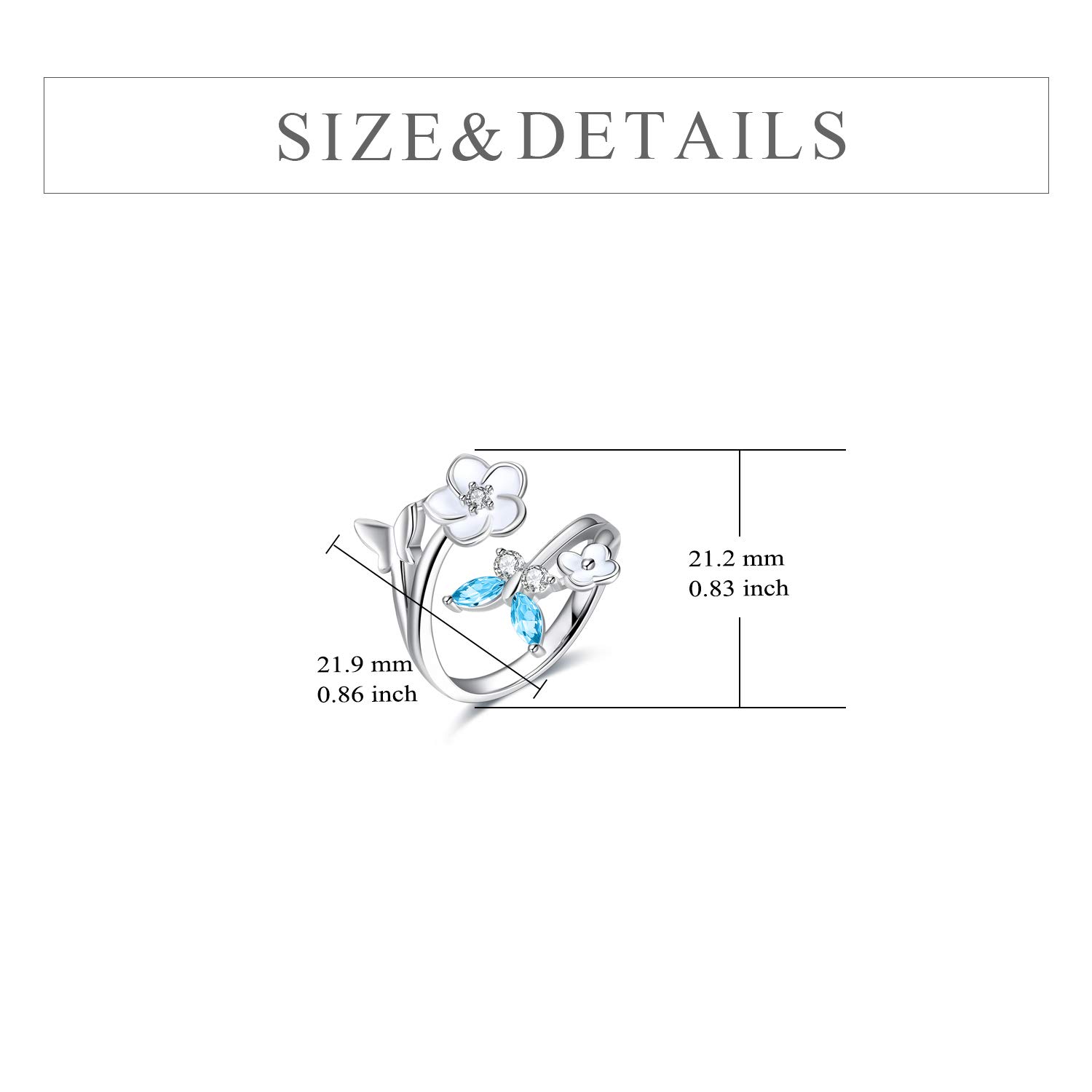 Sterling Silver Butterfly Rings Cubic Zirconia Flower Adjuastable Band Jewelry for Women Girls (Light Blue- Aquamarine)