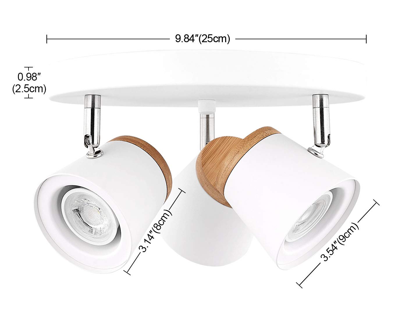 TeHenoo White Ceiling Light Fixtures 3-Light,Natural Wood Finish,Directional Spotlights, GU10 Socket Track Lighting for Hallway, bedrooms, Foyer, Kitchen, Living Room