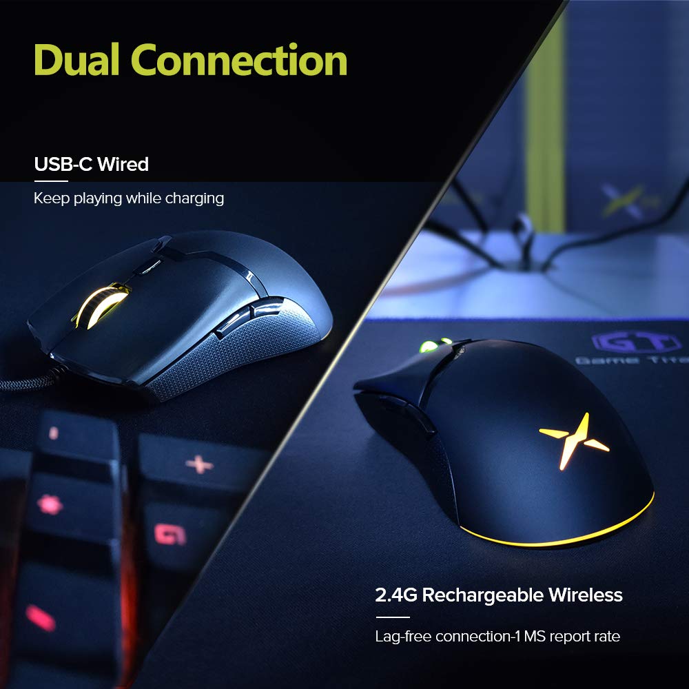 DeLUX M800DB Gaming Mouse Wireless, Lightweight (70g/2.47oz), 50 Hour Battery, PAW3335 16000DPI Sensor, Ultralight Weave Cable, 6 Programmable Buttons, and RGB Lighting (Black)