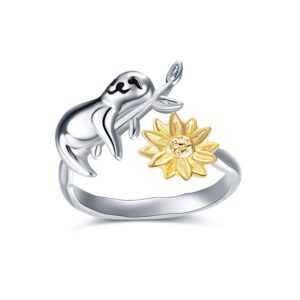 MONGAS Sloth Gifts for Women Sloth Ring Sunflower 925 Sterling Silver Sloth Christmas Jewelry