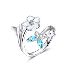 Sterling Silver Butterfly Rings Cubic Zirconia Flower Adjuastable Band Jewelry for Women Girls (Light Blue- Aquamarine)